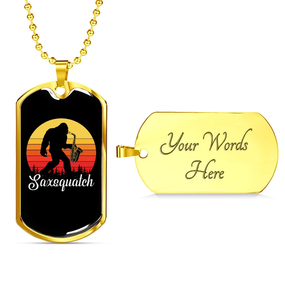 Musician Necklace Saxsquatch Personalized Engraved Gold Dog Tag Necklace Custom